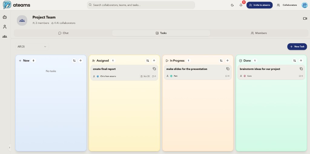 ateams task board with New, Assigned, In Progress, and Done columns; tasks assigned to teammates and AI collaborator Cora